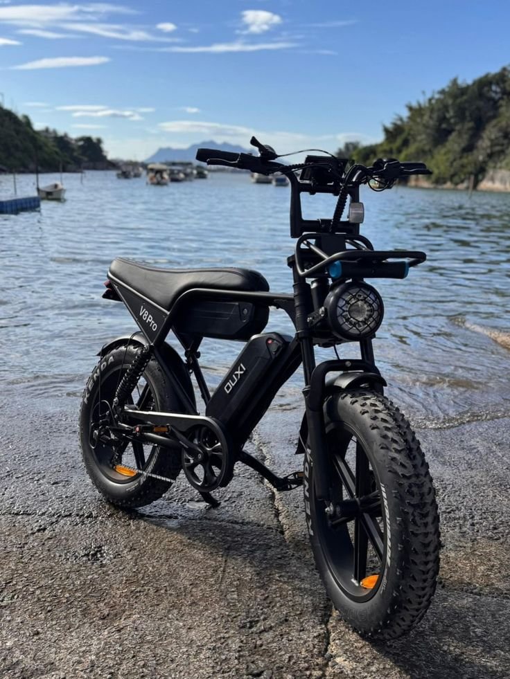 Bike elétrica com o mar ao fundo