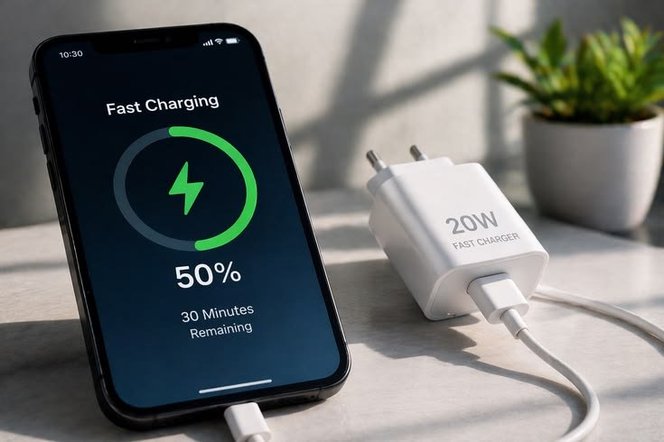 Carregador rápido de celular e cabo USB-C conectado ao smartphone