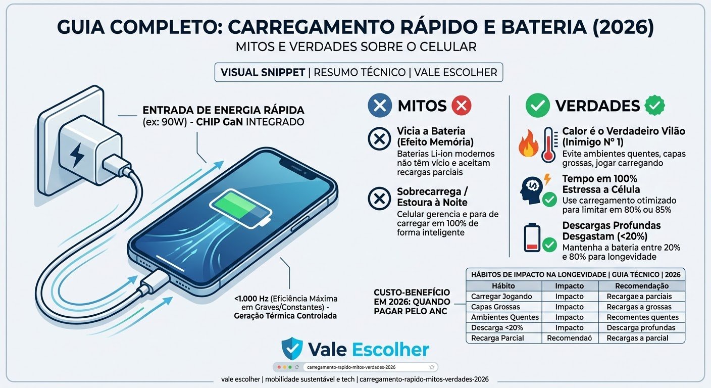 Infográfico do Vale Escolher explicando os mitos e verdades sobre o carregamento rápido de celular, mostrando que o calor e o tempo em 100% são os verdadeiros vilões da bateria de íon de lítio.