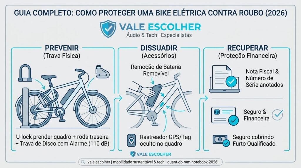 Infográfico do Vale Escolher explicando a regra das 3 camadas para proteger a bike elétrica contra roubo: cadeado U-lock no ponto fixo, trava de disco com alarme, rastreador GPS e seguro contra furto qualificado.