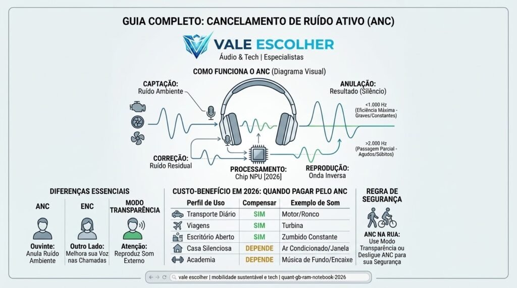 Infográfico do Vale Escolher explicando o funcionamento do Cancelamento de Ruído Ativo (ANC) em fones de ouvido, mostrando a anulação de ondas sonoras de ruído ambiente com uma onda inversa em 2026.