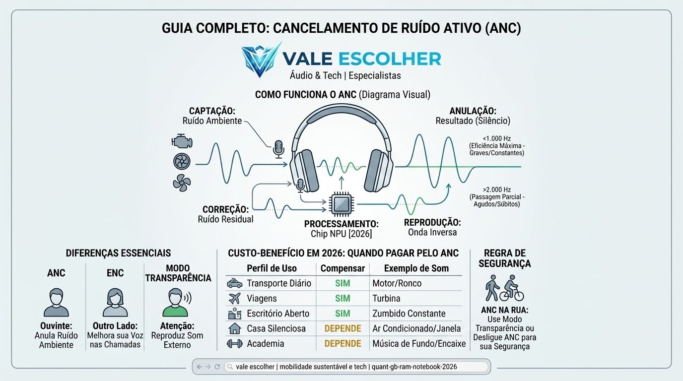 Infográfico do Vale Escolher explicando o funcionamento do Cancelamento de Ruído Ativo (ANC) em fones de ouvido, mostrando a anulação de ondas sonoras de ruído ambiente com uma onda inversa em 2026.