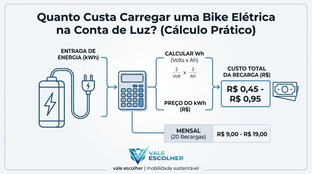 Infográfico do Vale Escolher explicando a fórmula de cálculo para saber quanto custa carregar a bateria de uma bicicleta elétrica na conta de luz, mostrando custo por recarga de R$ 0,45 a R$ 0,95.
