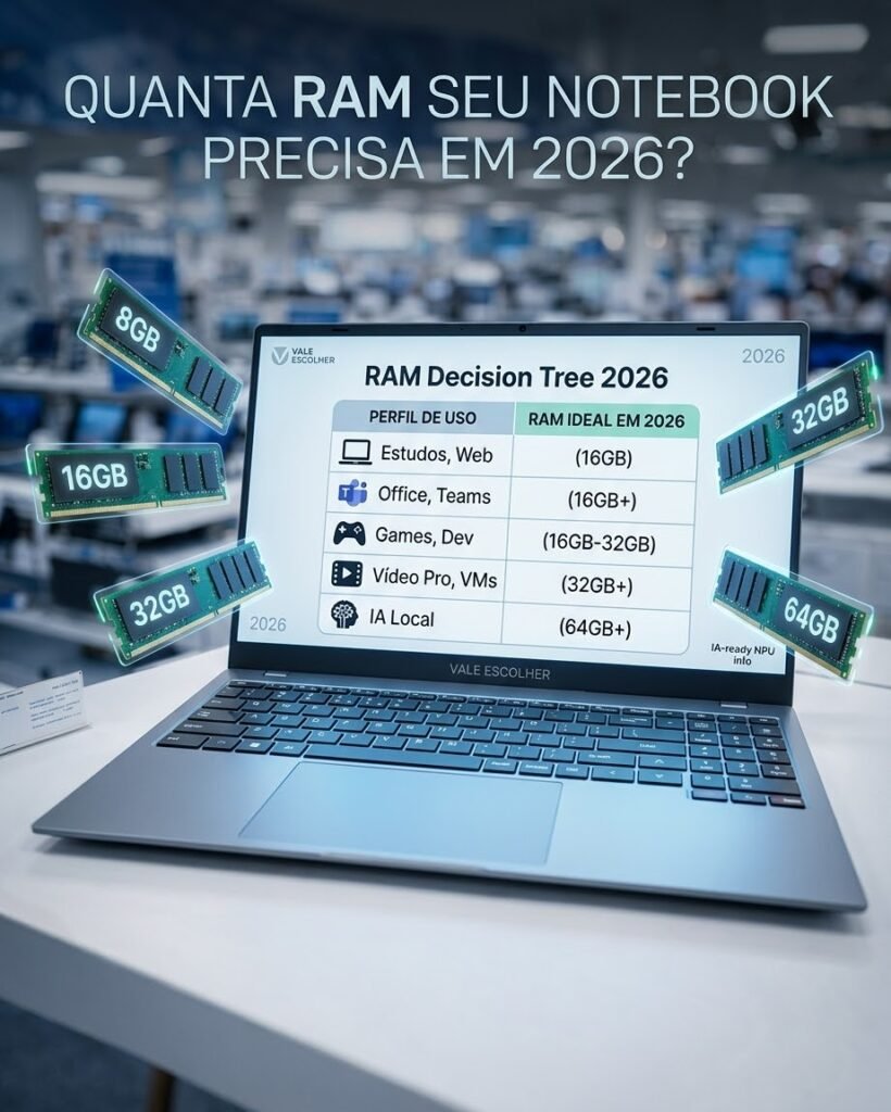 Infográfico Vale Escolher comparando 8GB, 16GB, 32GB e 64GB de RAM para notebooks em 2026 por perfil de uso, focado em Windows 11 e IA local.